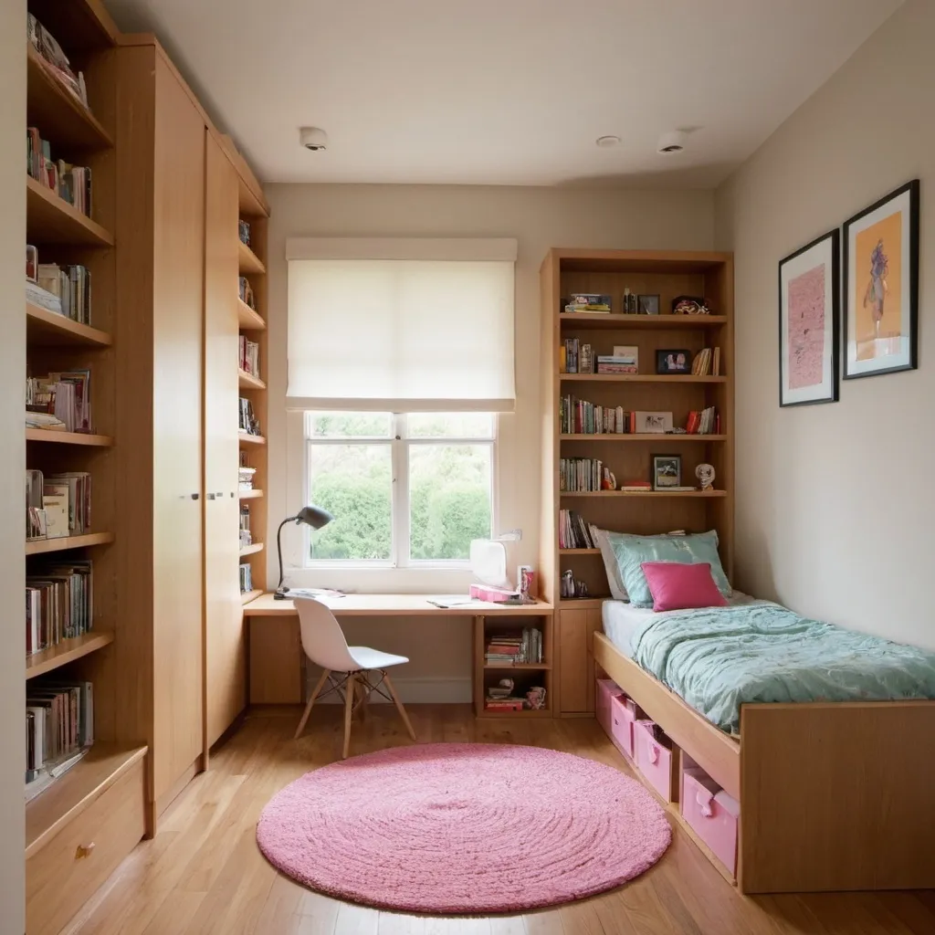 Prompt: a small rectangular girl bedroom with  window and gallary on opposite wall to door, a cupbourd beside door, wooden bookshelf on wall adjacent to cupbourd, a single bed aligned with wall adjacent to door