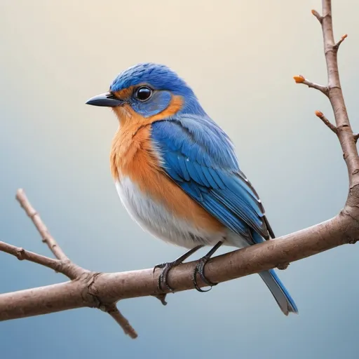 Prompt: a little blue bird on a branch, simple background, with something in its beak, with slightly big eyes, and vibrant shades, make it all look like a simple painting