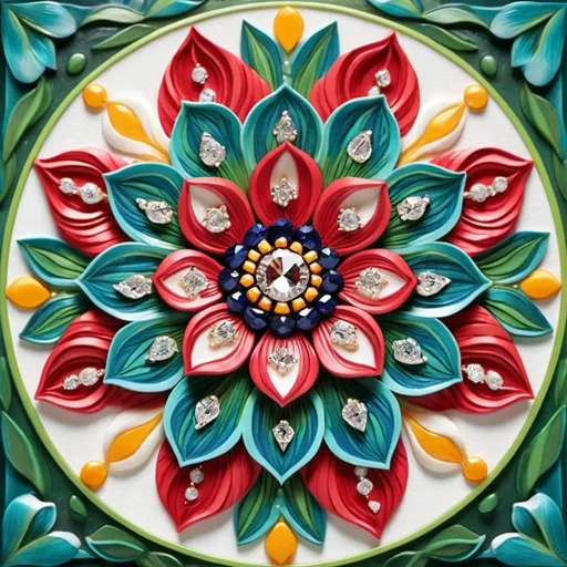 Prompt: a flower blooming in the center. divide in 4 parts, first quarter flower white in color with diamonds and background of snow, second quarter flower red in color with ruby and background of sunset, third quarter flower green in color with emeralds and background of forest, fourth quarter flower blue in color with sapphire and background of ocean, everything with vibrant colors and intricate detail and carving boho art inspired