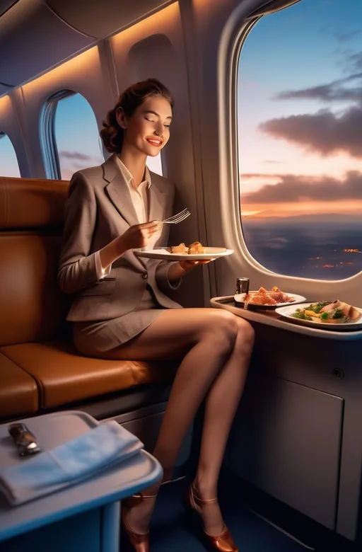 Prompt: Tall young woman in an aircraft passenger seat eating a meal from a tray in front of her