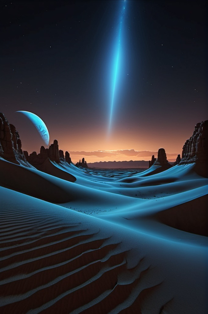 Prompt: hyper realistic desert darkness night  whit sand blue  clouds,  tylish,  jean giraud moebius style , animation style, 8k hd, dream, ultra wide angle, animation style, 3 drender, hyper detailed