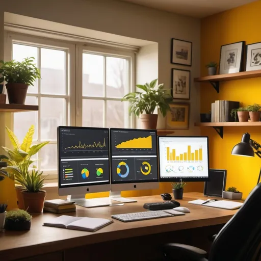 Prompt: Power BI dashboard, developer working on it in their home office, yellow wall paint, cozy and focused atmosphere, warm lighting, organized workspace, modern tech gadgets, laptop screen displaying vibrant Power BI charts, shelves with books and plants in the background, natural light from a window, ultra-detailed, 4K, HD, photorealistic, professional and clean design, high depth of field, cinematic colors, intricate details, Fulton Analytics signs in the background