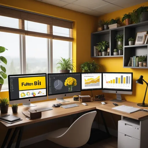 Prompt: Microsoft Power BI dashboard, working on it in their home office, wall sign saying "Fulton Analytics" yellow wall paint, cozy and focused atmosphere, warm lighting, organized workspace, modern tech gadgets, bottle of whiskey on desk, laptop screen displaying vibrant Power BI charts, shelves with books and plants in the background, natural light from a big oversized window, ultra-detailed, 4K, HD, photorealistic, professional and clean design, high depth of field, cinematic colors, intricate details, 