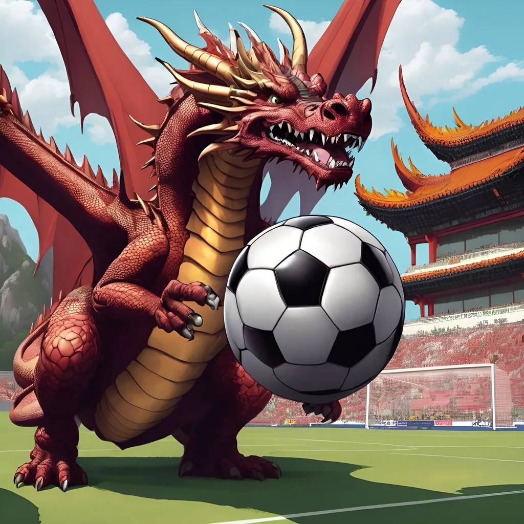 Prompt: 
Soccer ball in the dragon's mouth
