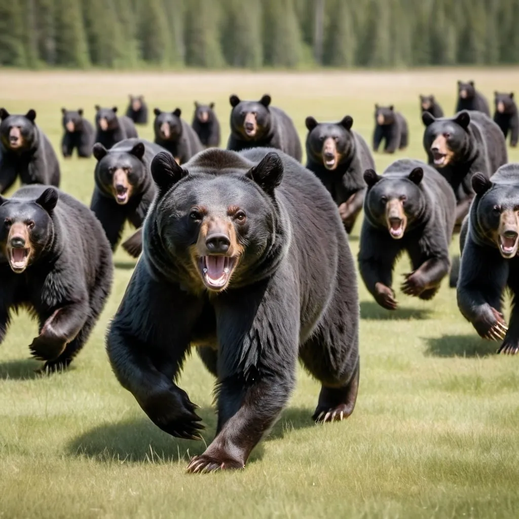 Prompt: Army of hundreds of black bears charging towards viewer across open field 