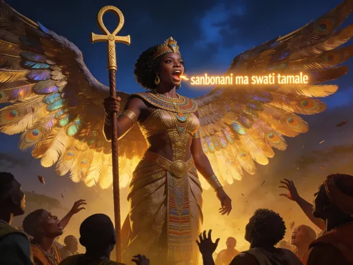 Prompt:  Giant African queen with long anhk stick  grows huge wings and people are scared she speaks and say sanbonani ma swati tamale.cinematic