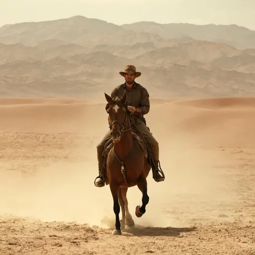 Prompt: A man riding a horse through a desert
