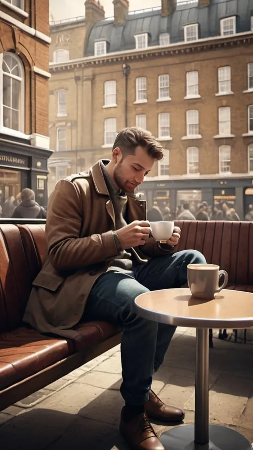 Prompt: Realistic digital illustration of a man sitting in a public area in London, enjoying a cup of coffee, bustling urban setting, vintage architecture, detailed textures, high quality, realistic, urban, London, man with coffee, realistic lighting, professional, atmospheric ambiance