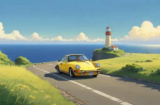 Prompt: 2d studio ghibli anime style, yellow 1980 porsche 911, on road edge of cliff, wide road, meadows, ocean, lighthouse, sunset in background