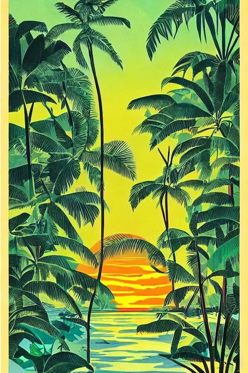 Prompt: World's fair poster of a tropical jungle river, art deco style, sunset