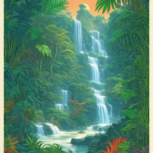 Prompt: World's fair poster of a tropical jungle river, a waterfall in the center, Dave Gibbons style, sunrise