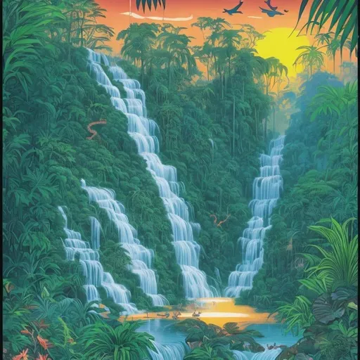 Prompt: World's fair poster of a tropical jungle river and waterfall, Dave Gibbons style, sunrise