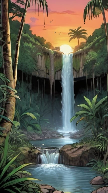 Prompt: Tropical jungle river with a waterfall in the center, Dave Gibbons style, sunset