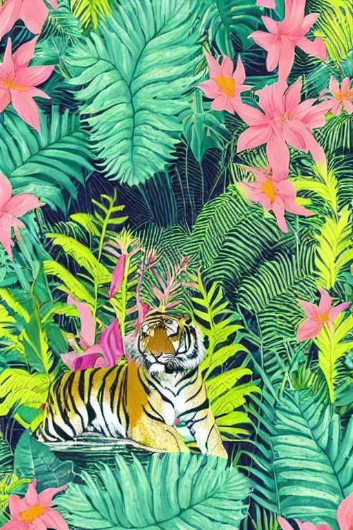 Prompt: A tiger relaxing in a field of tropical flowers, ferns, risograph print, vibrant colors