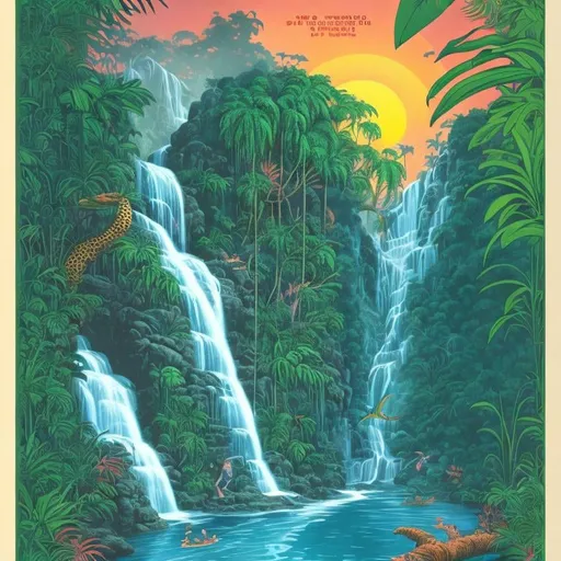 Prompt: World's fair poster of a tropical jungle river and waterfall, Dave Gibbons style, sunrise