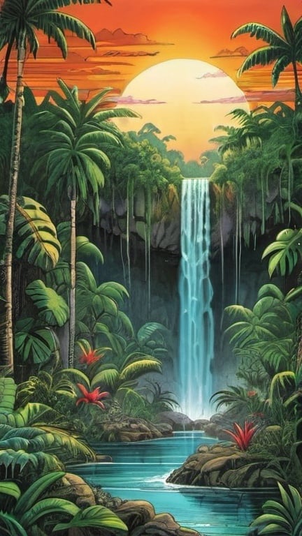 Prompt: Dave Gibbons style tropical jungle, waterfall in the center, sunset