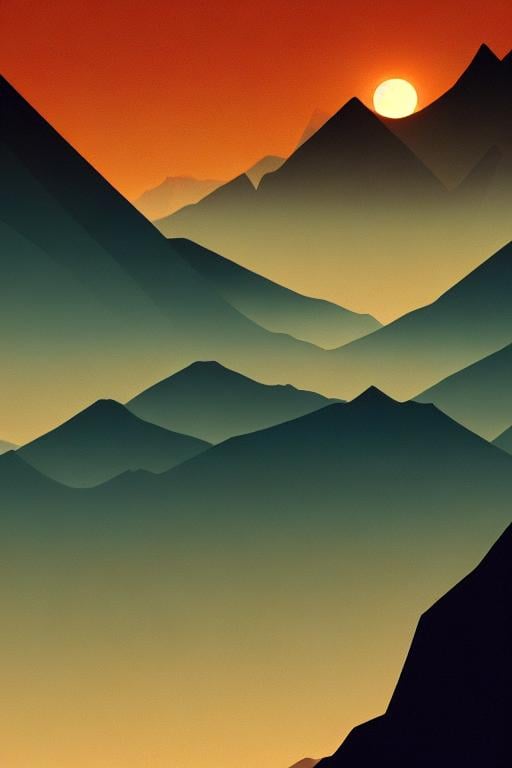 Prompt: Multiple layers of silhouette mountains, with silhouette of crescent moon, sharp edges, at sunset, with heavy fog in air, vector style, horizon silhouette Landscape wallpaper by Alena Aenami, firewatch game style, vector style background