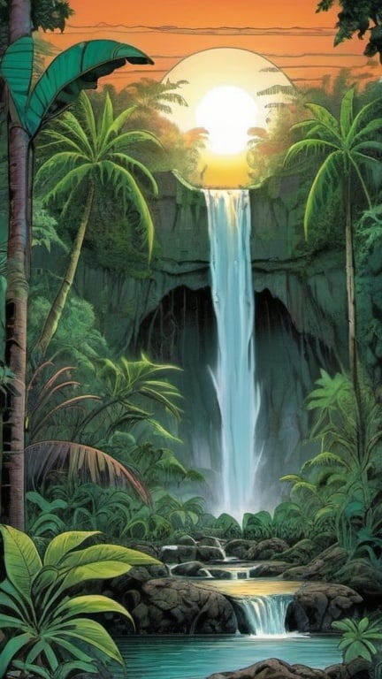 Prompt: Dave Gibbons style tropical jungle, waterfall in the center, sunrise