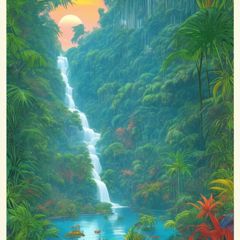 Prompt: World's fair poster of a tropical jungle river, a waterfall in the center, Dave Gibbons style, sunrise