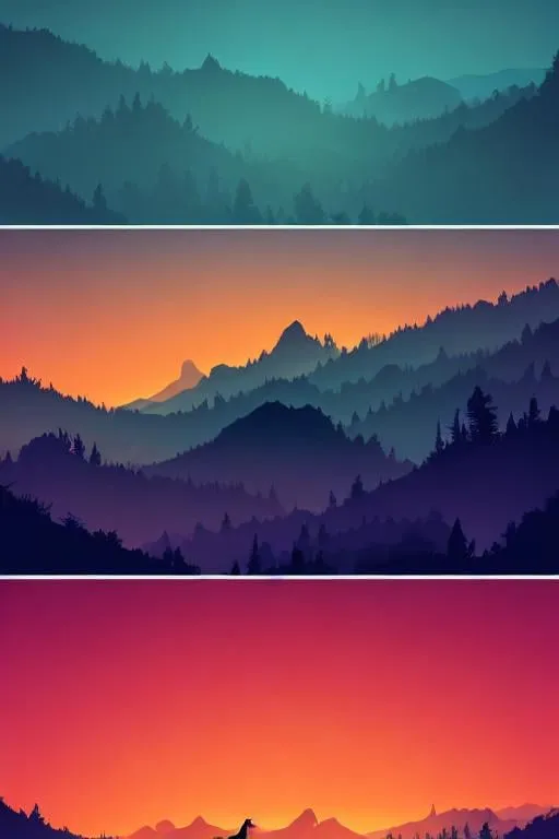 Prompt: Multiple layers of silhouette rolling mountains, with silhouette of wildlife, sharp edges, at sunset, with heavy fog in air, vector style, horizon silhouette Landscape wallpaper by Alena Aenami, firewatch game style, vector style background