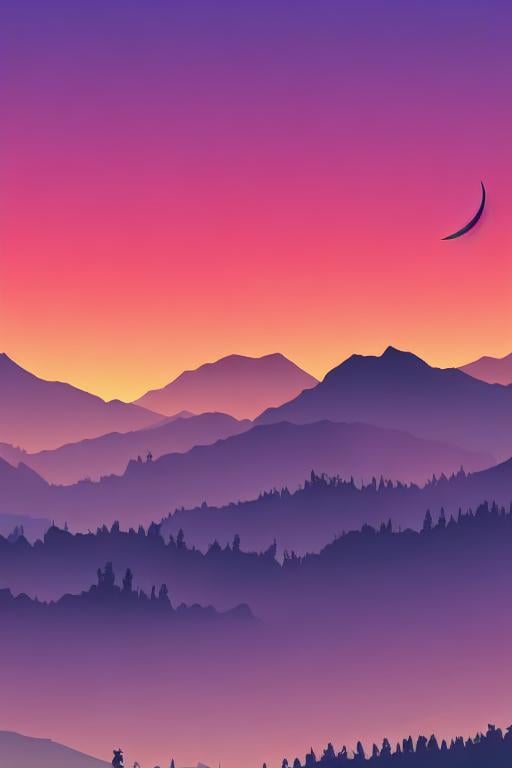 Prompt: Multiple layers of silhouette mountains, with silhouette of crescent moon, sharp edges, at sunset, with heavy fog in air, vector style, horizon silhouette Landscape wallpaper by Alena Aenami, firewatch game style, vector style background