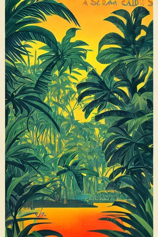 Prompt: World's fair poster of a tropical jungle, art deco style, sunset