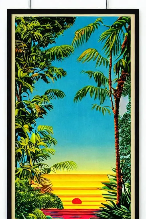 Prompt: World's fair poster of a tropical jungle river, art deco style, sunset