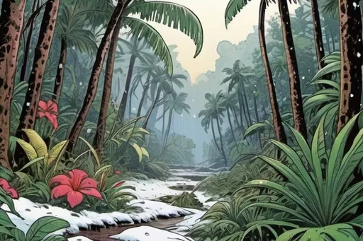 Prompt: Dave Gibbons style Hawaiian jungle with snow