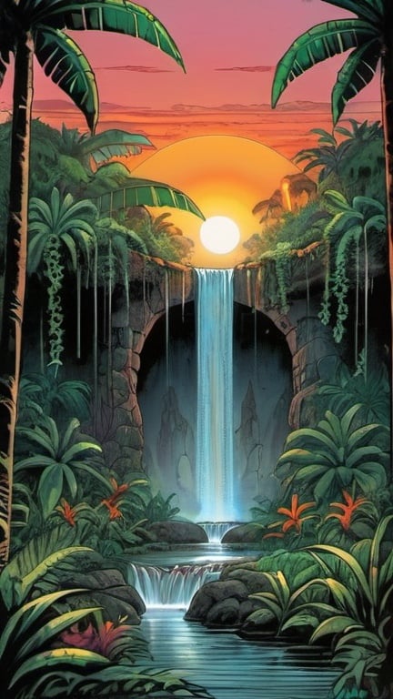 Prompt: Dave Gibbons style tropical jungle, waterfall in the center, sunset