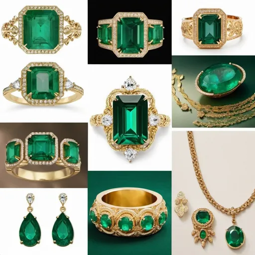 Prompt: emerald and gold, luxury aesthetic, mood board, jewelry, 6 images