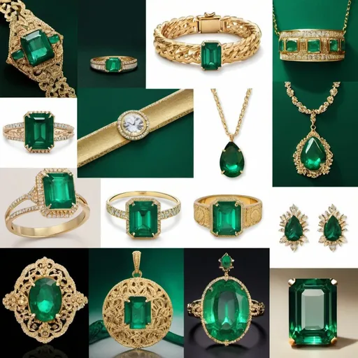 Prompt: emerald and gold, luxury aesthetic, mood board, jewelry, 6 images