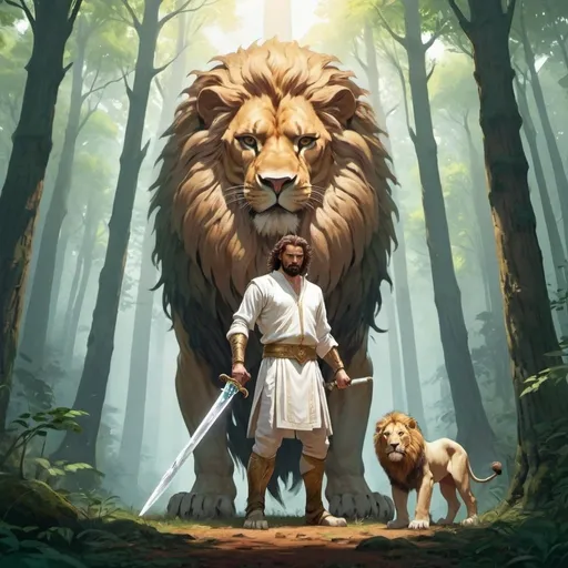 Prompt: A tall person stands in the middle of a forest carrying a slot-headed sword and wearing white clothes with white light on his face and being the owner of a strong body and with a huge lion standing next to him.