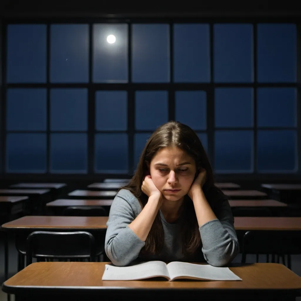 Prompt: a woman sitting at her school table in the midnight thinking about her future