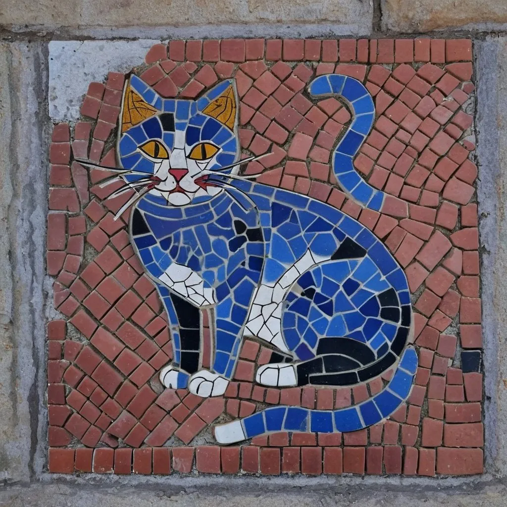 Prompt: portuguese cobblestone tilework that make an image of a cat