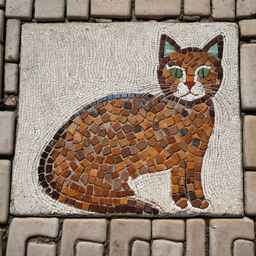 Prompt: portuguese cobblestone tilework that make an image of a cat