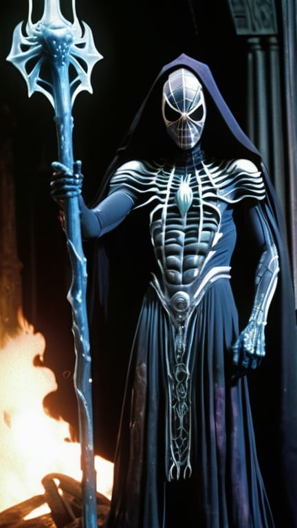 Prompt: 
Hi-res live-action screengrab from 1970s, fire Wizard spiderman, wearing grotesque robe and ice staff in the style of H. R. Giger, distinctive saturated hues, detailed