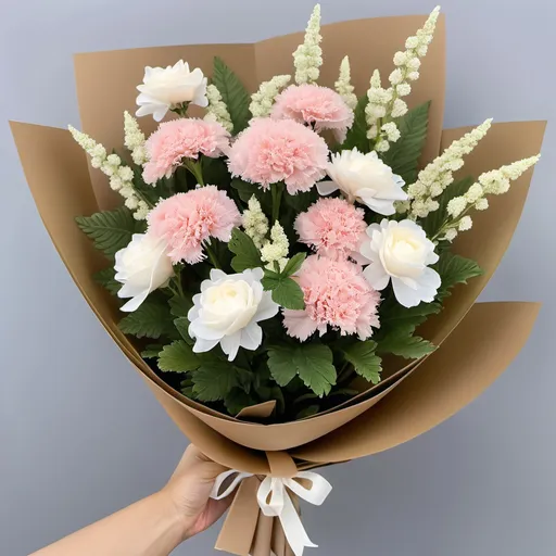 Prompt: a flower bouquet consists of astillbe , carnation and gardenia