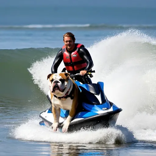 Prompt: A jet ski rescuing a surfer with a bulldog driving it in Oregon.