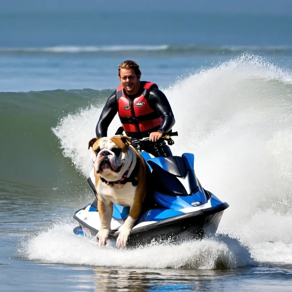 Prompt: A jet ski rescuing a surfer with a bulldog driving it in Oregon.