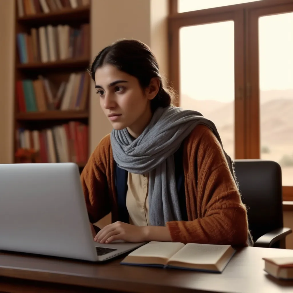 Prompt: (tall young woman studying), focused expression, (sitting at a desk), using a laptop, surroundings featuring educational materials, soft, natural light illuminating the scene, warm color tones, cozy atmosphere, depicting a sense of determination, background showing elements of Afghan culture, books stacked neatly, (high-quality 4K image).