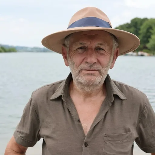 Prompt: homme vieux avec un chapeau au bord de l'eau