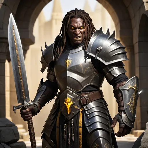 Prompt: Brown skinned, Dreadlocked hair, yellow eyes, Half- Orc Paladin, Glaive Weapon, Full-body ebony knight armor, radiating light, photo realistic, battle scarred armor, two protruding teeth, slaying beast, ferocious 