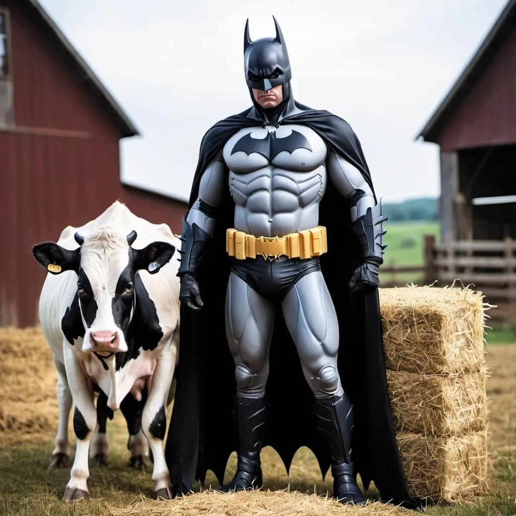 Prompt: Batman with a dairy cow and a bale of hay