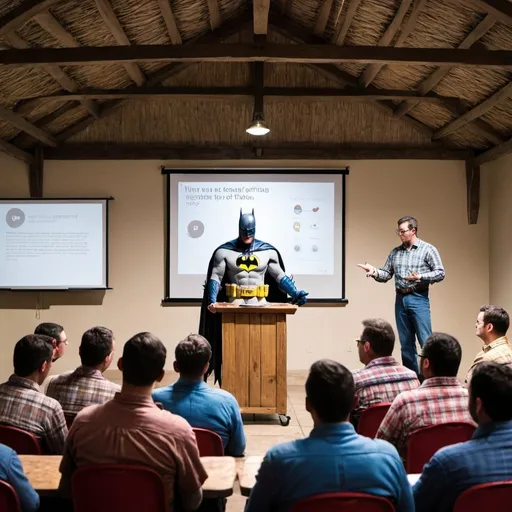 Prompt: Batman presenting a PowerPoint to a group of farmers