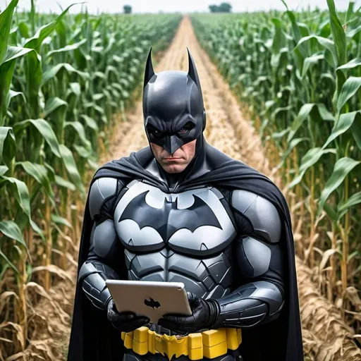 Prompt: Batman using a iPad in a corn field 