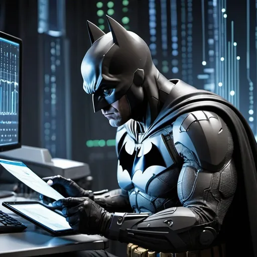 Prompt: Batman analyzing data futuristic 