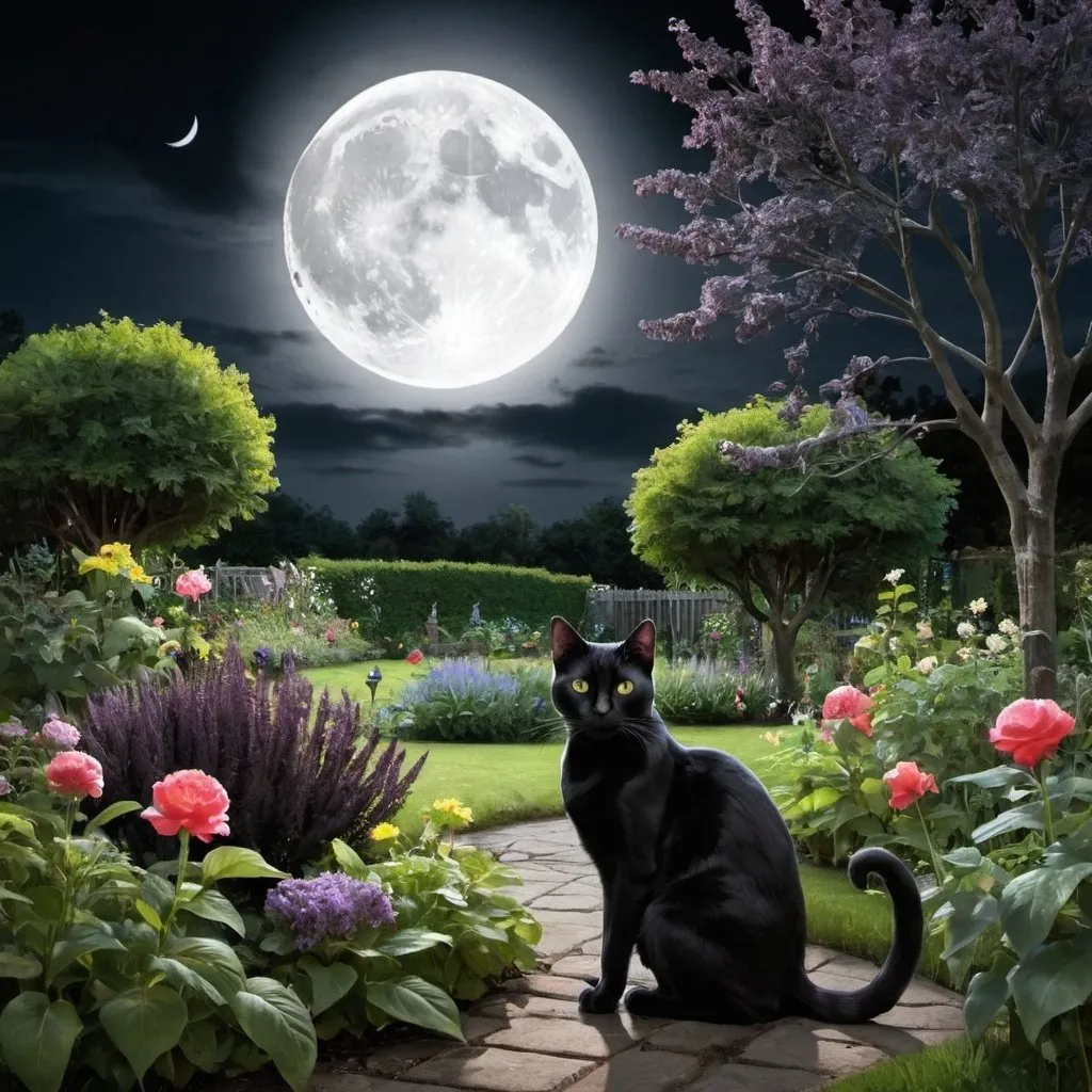 Prompt: The Garden by Moonlight with a black cat