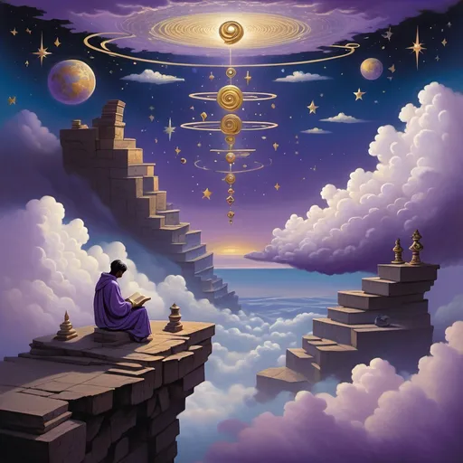 Prompt: A figure sits on a high cliff, overlooking an endless horizon. In the distance, abstract symbols of knowledge—books, ancient scrolls, and cosmic diagrams—float within the clouds. The sky shifts in shades of deep purples, blues, and golds, suggesting the eternal passage of time. Stars begin to emerge, each one representing a moment of deep reflection or an answered question about life