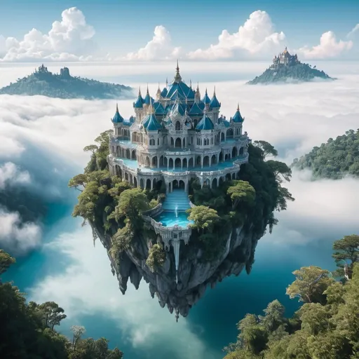 Prompt: A diamond palace above the clouds, surrounded by trees and water