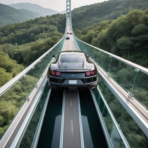 Prompt: A luxury sports car driving on a tall glass bridge